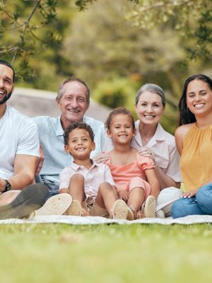 Big family, picnic and outdoor at nature park with children, parents and grandparents together for .